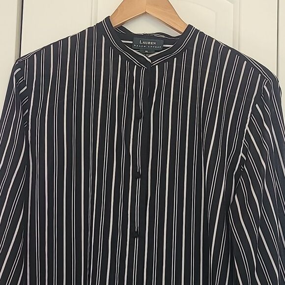 Lauren Ralph Lauren Shirt Top Striped Cotton Button Up Mandarin Collar Size XL - Picture 2 of 8